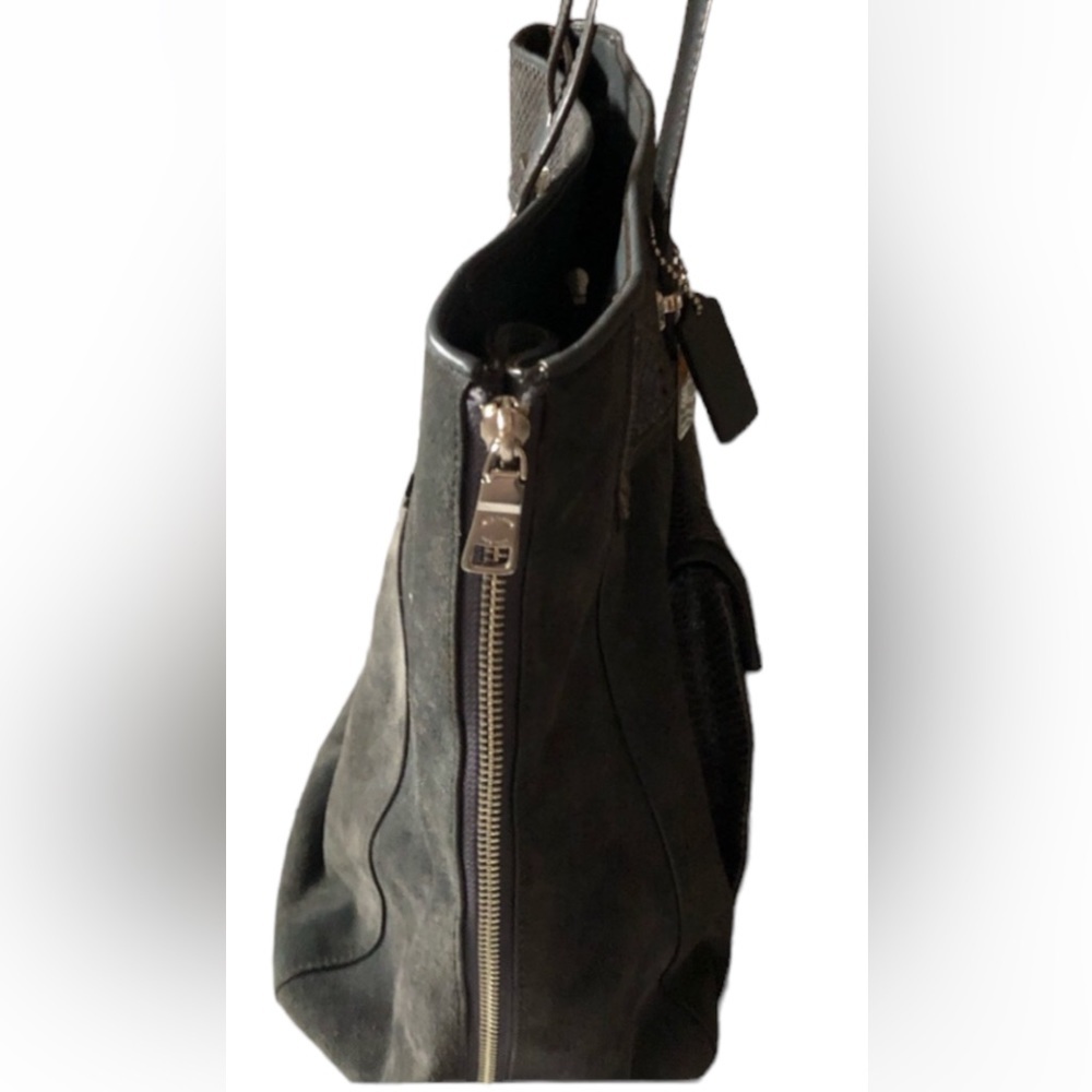 COACH Grey Large Carryall Suede Leather Tote Large Expandable Zipper Snakeskin - Picture 11 of 15